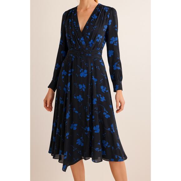 Parker Fulton Stems Long Sleeve Black & Blue Silk Blend Dress Medium - Picture 1 of 7